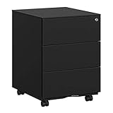 SONGMICS Schubladenschrank, Rollcontainer, mobiler Aktenschrank, Metallschrank, Druckertisch, abschließbar, 3 Schubladen, vormontiert, Büro, Homeoffice, 45 x 39 x 54 cm, tintenschwarz OFC63BK