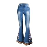 RSBFK Damen-Denim-Hose mit weitem Bein und stilvoller Blumenstickerei und Glockenunterteil, Stil 6, Blau, Groß