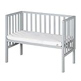 roba Beistellbett safe asleep® 2 in 1-45 x 90 cm - Höhenverstellbar - Komplettes Anstellbett mit Matratze + Mesh Barriere - Bett Set für Babys - Holz taupe/grau