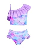 Arshiner Bikini Mädchen Badeanzug Meerjungfrau Tankini Rüschenärmel Schwimmanzug Kinder Bustier Bikini Set Strand Bademode Lila 140