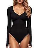 GJY Damen Bodysuit mit Quadratischem V-Ausschnitt, Sexy Oberteile Mode Langarm Going Out Tops Stretchy Körper Anzug,Schwarz