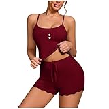 Mrat Damen-Schlafanzug-Shorts-Set, ärmellos, U-Ausschnitt, Camisole Tanktop und Kordelzug-Spitzen-Shorts, weiche Pyjama-Sets für Damen, Strickstreifen, 2-teilige Outfits, Loungewear, sexy Nachtwäsche