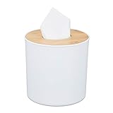 Relaxdays Kosmetiktuchbox mit Bambus Deckel, Bad, modernes Design, Kunststoff Behälter, HxD: 12,5 x 13,5 cm, weiß/Natur