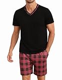 Demegimi Schlafanzug Herren kurz V-Auschnitt kurzer Pyjama Baumwolle Sommer Shorty Pyjama Kurzarm T-Shirt mit Karierter Schlafanzughose