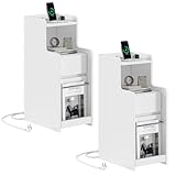 2er Set Nachtschrank Schmal mit Ladefunktion Beistelltisch mit 2 Schubladen, Couchtisch, Nachtkommode mit Steckdosen, Nachtkästchen, Modern, für Schlafzimmer Wohnzimmer Arbeitszimmer (2, Weiß)