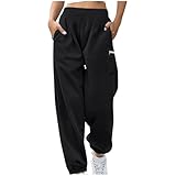 NSICBMNO Winterhose für Damen, Fleece-gefüttert, Jogginghose mit Reißverschlusstaschen, elastischer Bund, Cargohose, weite Beine, Loungehose, Thermo-Trainingshose, Bündchen, A Schwarz, 3XL
