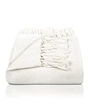 Gräfenstayn Premium Tagesdecke mit Fransen - 100% Baumwolle - 180 x 240 cm - Fischgrätenmuster Sommerdecke - Baumwolldecke als Bett-Überwurf, Couch-Überwurf, Sofa-Decke (Creme)