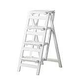 DUANHOZ Multifunktionaler Klapptritt, 4-stufige Holzleiter, multifunktionaler Klapptritt mit Regal, Leiter für Heimbibliothek, Tragkraft 150 kg, Weiß