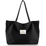 Emma Jonasson Shopper Tasche Damen groß - Großer Jutebeutel mit Reißverschluss und Innentasche - Aesthetic Tote Bag Damen - Große Taschen Damen Stofftasche für Einkauf Arbeit Uni Schule schwarz