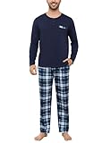 Irdcomps Schlafanzug Herren Lang Baumwolle Pyjama für Winter Schlafanzüge mit Henley Schlafanzug-Set Pyjamas mit Kontrastfarben A#Blau-Weiß XL