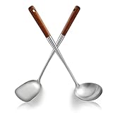 ReaNea Wok-Pfannenwender & Schöpfkelle, 2-teilig – 43 cm extra lang, Edelstahl-Kopf mit Holzgriff, robust & rostbeständig, handwaschbar – Für Wok 32–36 cm, Braten, Rühren & Servieren