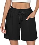 Demegimi Shorts Damen Bermuda Kurze Sporthose Knielang Sweatshorts Sommer Sport Shorts High Waist Lässig Kurz Hosen Baumwolle mit Taschen