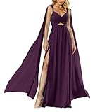 Lange Flügel, Chiffon, Brautjungfernkleider mit Schlitz, V-Ausschnitt, ärmellos, formell, Abendkleid, Partykleid, grape, 54