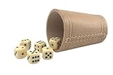 KENDi GAMES Qualitäts Würfelbecher - echt Leder - Höhe 9 cm - Durchmesser 7cm - Set mit 6 elfenbeinfarbigen Würfeln und Kurzanleitung - Play: TOOSMASTER