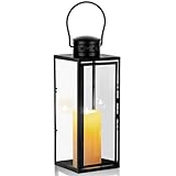 Laterne für Kerzen 24cm Hoch, Gartenlaterne Metall Laternen für Draußen Groß Windlichter Grablaterne Kerzenlaterne Glaslaterne Hängende Weihnachtstag Deko - Schwarz
