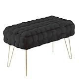 Zedelmaier Moderner Velvet SitzBank, Quadratisch Ottoman-Fußhockermit goldfarbenen Metallbeinen, Gepolsterte SitzBank,Strick Samt Bank (Schwar, 70x38x41.5cm)