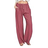 KBOPLEMQ Leinenhose Damen Sommer Freizeit Hose Bequeme Baggy Hosen Locker Mode Jogginghose Casual Einfarbig Gerades Bein Stoffhose Leicht Einfarbig Strandhose mit Kordelzug und Taschen