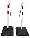 UvV Stahl Kettenpfosten Set SteelON 40mm Stahlpfosten + 15 kg schwere Fußplatte + 8mm rot/weisse Kunststoffkette - Pfosten weiß pulverbeschichtet mit Reflexfolie (Basic - 2 Pfosten + 5 m Kette)