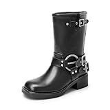 DREAM PAIRS Damen Wadenhohe Stiefel Motorradstiefel mit quadratischer Zehenpartie und Schnallen Bikerstiefel mit niedrigem klobigem Absatz,Size 38,Schwarz,SDMB2405W