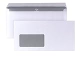 POSTHORN Briefumschlag DIN lang (1000 Stück), haftklebender Briefumschlag mit Fenster, weiße Briefumschläge mit grauem Innendruck für Sichtschutz, 110 x 220 mm, 80g/m²
