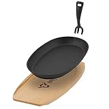 BBQ-Toro Gusseisen Servierpfännchen mit Holzunterlage (1 Stück) | 27 x 18 x 3 cm - oval | bereits eingebrannt - preseasoned | Grillpfännchen mit abnehmbarem Griff | Gusseisenpfanne, Paella Pfanne