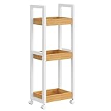 SONGMICS Rollwagen, Badregal, Badezimmerregal mit 3 Ebenen, Nischenregal Bambus, Regal schmal, Nischenwagen auf Rollen, platzsparend, 20 x 30 x 80 cm, weiß-naturfarben BCB083N02