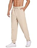 COOFANDY Herren Hose Lange Leinenhose Leicht Sommerhose mit Gummizug Strandhose Herren Freizeithose Loose Fit Beige L