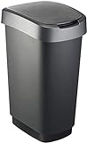 Rotho Twist Mülleimer 50l mit Deckel, als Schwing oder Klappdeckel nutzbar, Kunststoff (PP) BPA-frei, schwarz/silber, 50l (40.1 x 29.8 x 60.2 cm)