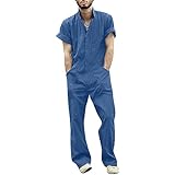 Herren Overalls Einteiliges One-piece Sommer Jumpsuit Einfarbig Set Kurzarm mit Reißverschluss Hose Lang mit Taschen Mode Casual Overall Hemd mit Revers