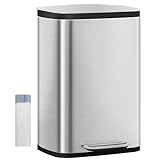 Hzuaneri Mülleimer Küche, 50 Liter Abfalleimer mit Tretpedal, Tretmülleimer mit Softclose-Deckel und Inneneimer, Küchenmülleimer mit 15 Müllbeuteln, Stahl, Silber SW15099E