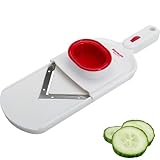 Westmark Gemüseschneider mit verstellbarer Schnittstärke, V-förmige Edelstahlklinge, mit Restehalter, V-Hobel, Weiß/Rot, 11472260