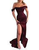 Schulterfreies Brautjungfernkleid für Damen, gerüscht, Satin, 2024, lang, mit Schlitz, Meerjungfrau, formelles Ballkleid, burgunderfarben, 50 Plus
