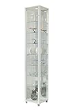 Glasvitrine Sammlervitrine Vitrine Standvitrine mit LED und 7 Glasböden höhenverstellbar ESG Glas in Weiß Dekor 172x32x33 cm