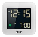 Braun Digitaler Reisewecker mit Snooze-Funktion, kompakte Größe, Negatives LCD-Display, Schnelleinstellung, Alarmton in Crescendo, weiß, Modell BC08W