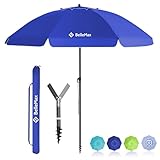 BelleMax Sonnenschirm Strand Windfest Stabil mit Bodenhülse & Schutzhülle 30° knickbar Sonnenschirm klein Rund Strandschirm Gartenschirm Marktschirm Sonnenschutz UV50+ Blau 180 cm