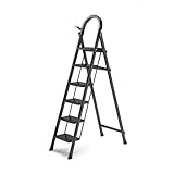 Klappbare Stahlleiter mit 6 Stufen, mit rutschfestem Pedal und Handgriff, leichte Verlängerungsleiter für Zuhause, Büro und Küche (schwarz)