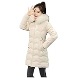 Damen-Parka-Mantel aus Kunstfell, warm, mit Kapuze, mit Taschen, Reißverschluss, für den Außenbereich, beige, 46