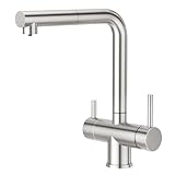 CREA 3-Wege-Küchenarmatur mit herausziehbarem Sprüher und integriertem Wasserfilter, Trinkwasserhahn für Küchenspüle, Wasserfilter, 2 Griffe, Bar-Wasserhahn, 1 Loch, gebürsteter Nickel-Edelstahl