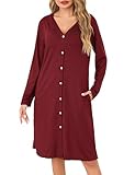 Sopesil Nachthemd Damen mit Knöpfen Langärmelig V-Ausschnitt Chemise Nachtwäsche Weich Knopfleiste Schlafhemd Sleepwear, Weinrot, L