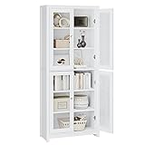 FOREHILL 190 cm Vitrinenschrank, Bücherschrank mit 4 Türen 6 Fächern, Hochschrank, Schrank für Wohnzimmer Küche Esszimmer Büro, weiß