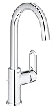 GROHE BauLoop, Waschtischarmatur hoch, wassersparend (Wasserhahn für das Bad, Badarmatur mit Zugstangen-Ablauf, 31cm hoch, einfache Installation am Waschbecken, langlebige Oberfläche), chrom, 23763000