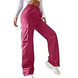 Cargohose Damen High Waist,Cargo Hosen Damen Mit Elastische Taille Hosen Weites Bein Gerade mit Tasche Sporthose Trekkinghose Outdoor Stylische Einfarbig Lose Hose Freizeithose