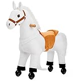 PONYEEHAW Reitpferd für Kinder ab 3 mit Rollen, Horse Toy Ride, Spielpferd zum Reiten Stehpferd Groß aus Metall und Plüsch Pferde Spielzeug zum Reiten mit Schabracke und Zaumzeug (Weiß, Klein)