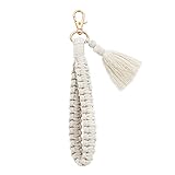 Lusofie Makramee Schlüsselanhänger Weiß Boho Geflochten Schlüsselanhänger Kurzer Schlüsselband Quaste Anhänger Auto Schlüsselanhänger für Damen