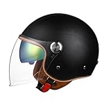 Retro-Jet-Helme mit offenem Gesicht für Damen und Herren Leder-PU-Motorradhelm 3/4-Halbhelm mit Zwei Spiegeln Leicht und bequem Mattschwarz L/59-60cm