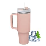 Hrobig Thermobecher mit Strohhalm und Henkel, 1180ml 40oz Kaffeebecher To Go mit Deckel, Doppelwandiger Edelstahl Vakuum Isolierbecher, Tragbare Autobecher für Kalte Heiße Getränke - Rosa