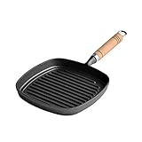 CAFIEDR Gusseisenpfanne mit Holzgriff, gestreifte Steakpfanne für den Haushalt, Gusseisenpfanne, Verdickungspfanne aus Eisen, Antihaftpfanne