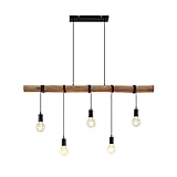 Lindby Esstisch Holz Pendelleuchte, Seillampe Hängelampe Metall Holzbalken Seil Esszimmer Lampe hängend Holzlampe 5x E27 max. 60W ohne Leuchtmittel