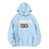Shffuw Hoodie Damen Kapuzenpullover London United Kingdom Buchstabendruck Druck Langarm Sweatshirt Pullover Oversize Übergröße Fleece Warm Herbst Winter Modisch Lässig Baggy Retro-Farben Raglan