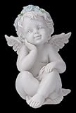 Engel Figur Putte mit blauen Rosen - 14 cm Cherub, Engelchen Deko weiß
